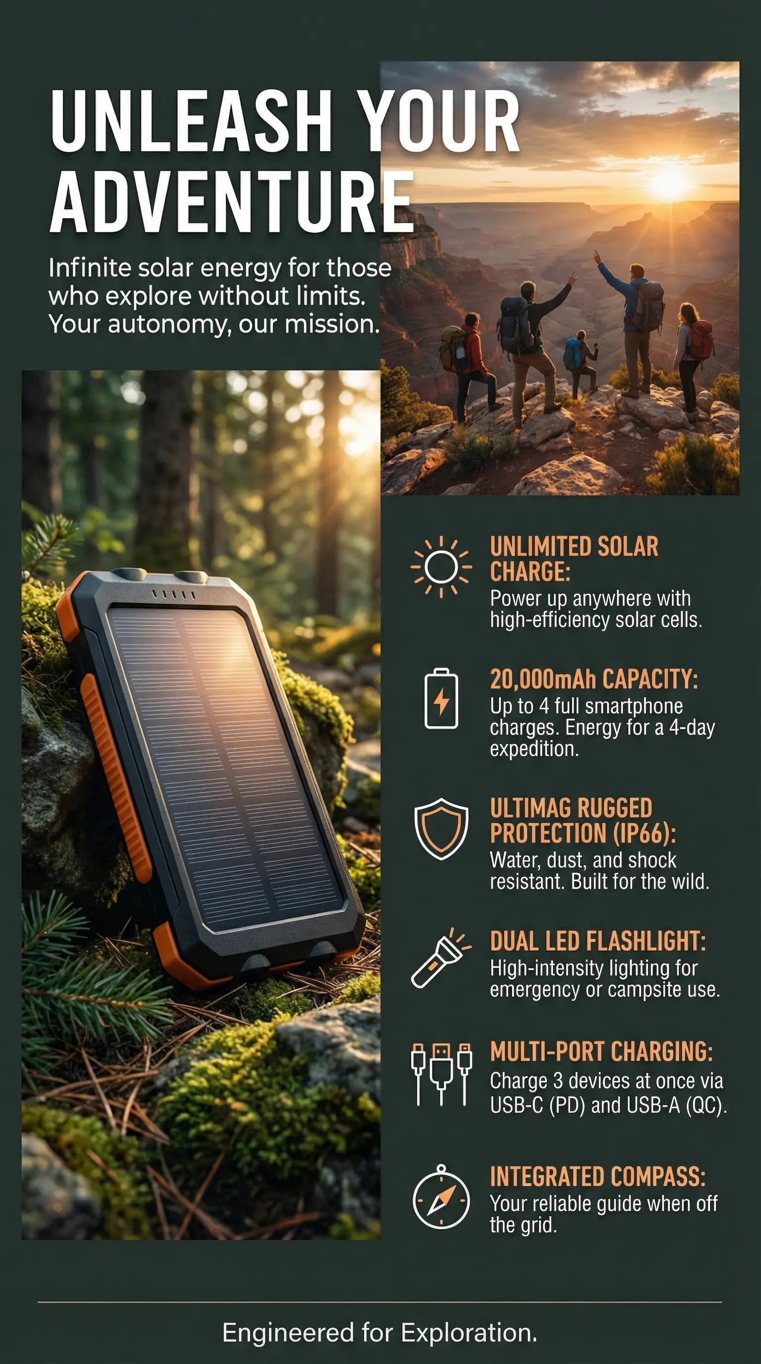 Portable Solar Charger Waterproof – Outdoor Solar Power Backup for Phones & Devices