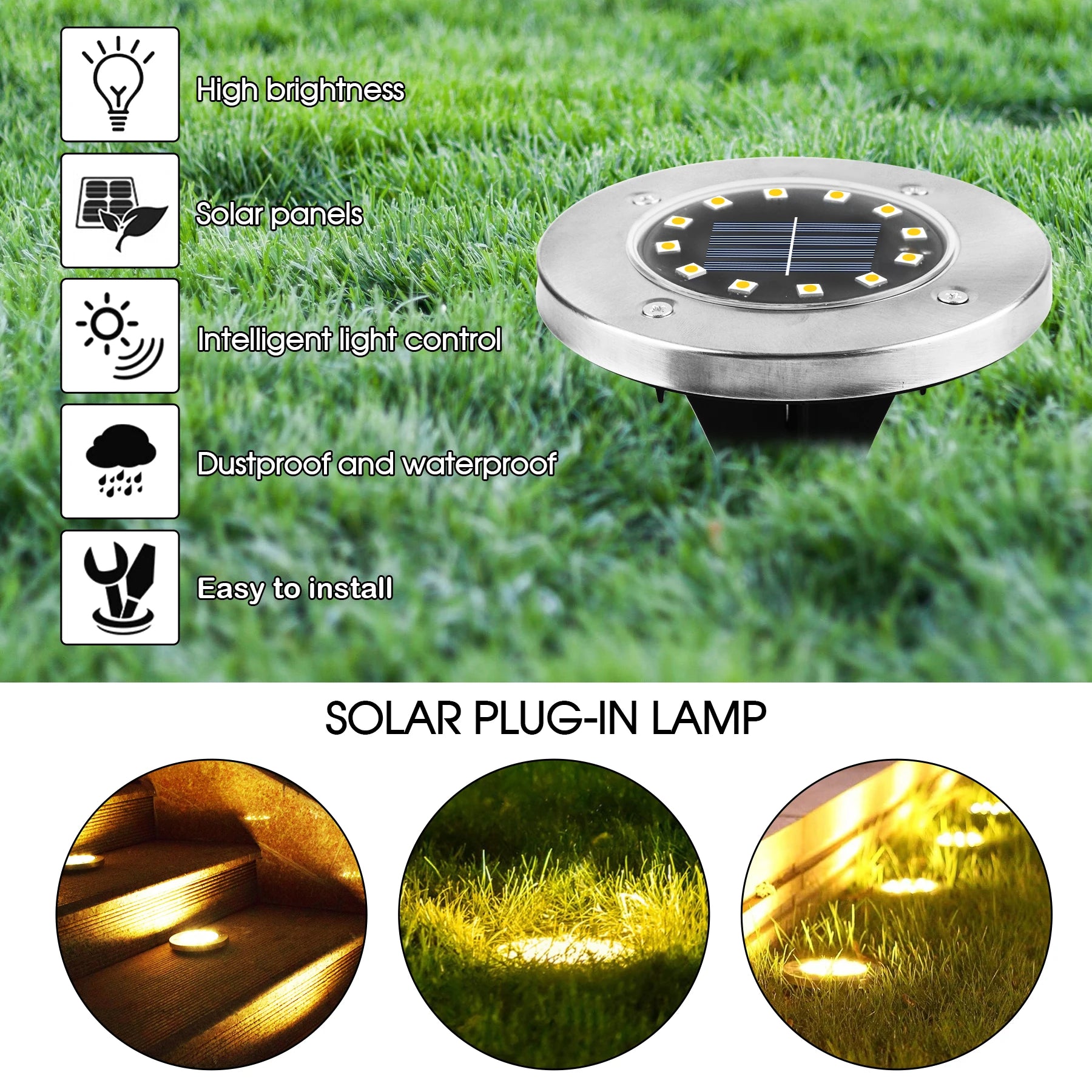 Outdoor Solar Floor Light IP65 – Stainless Steel Garden Light with 12 LEDs